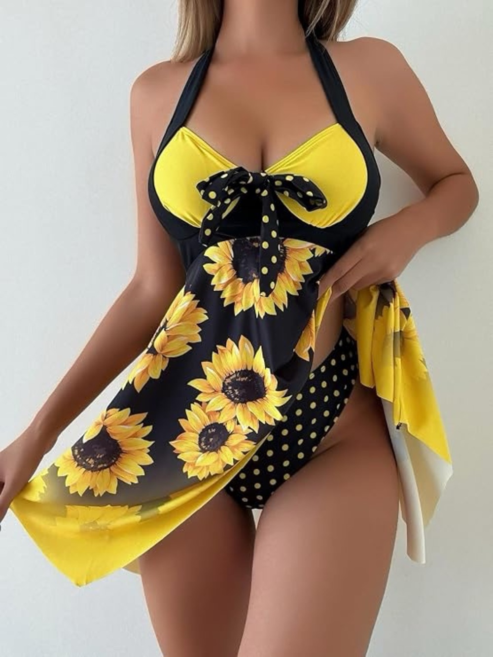 New Sunflower Print Black & Yellow Halter One-Piece Swimdress Medium